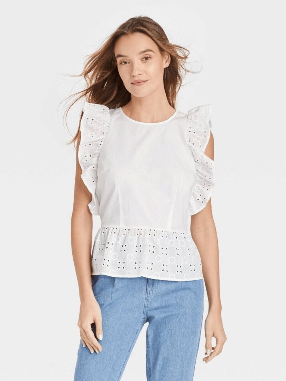 Who What Wear White Eyelet Ruffle Peplum Blouse Women’s Small Cotton Top